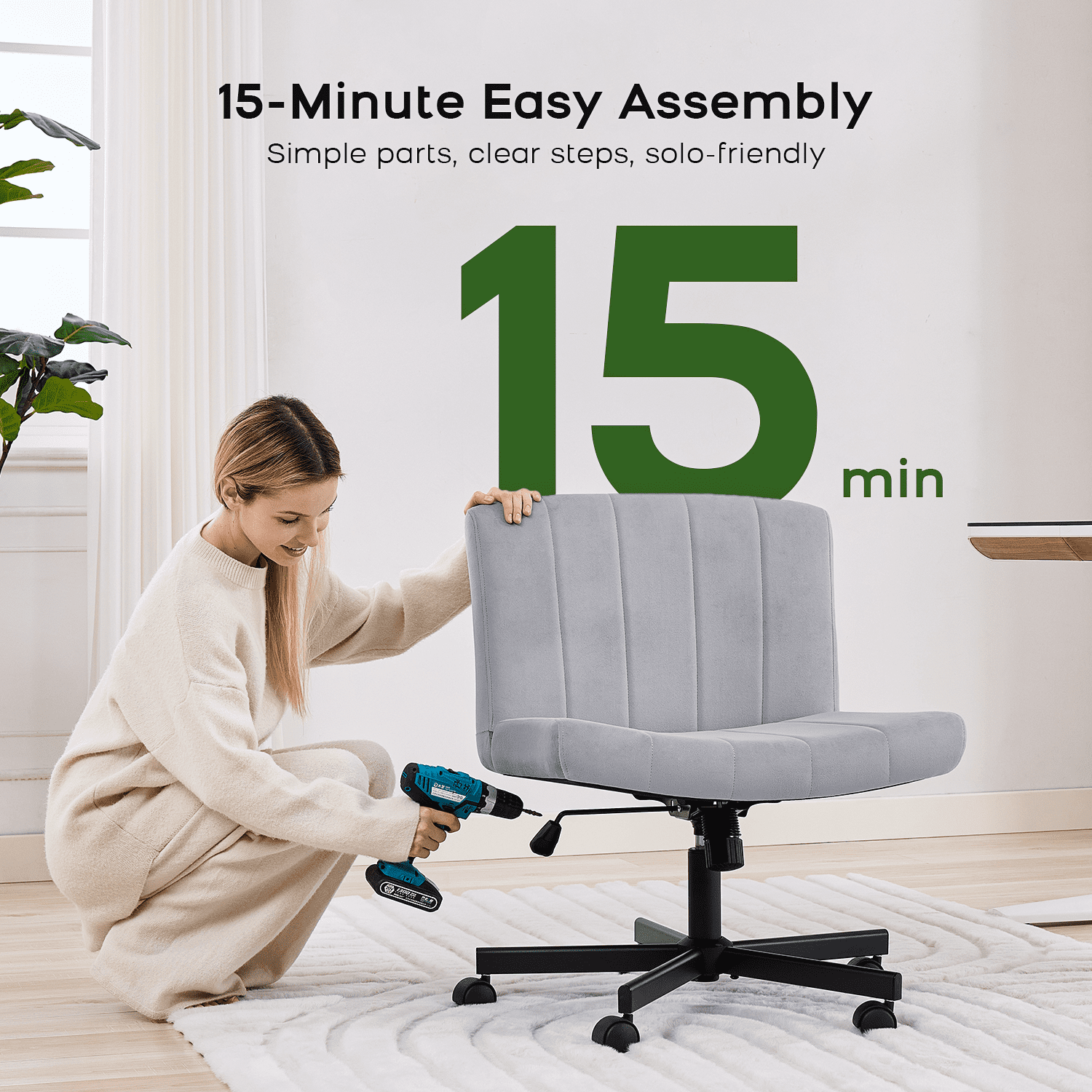 TMV Criss Cross Chair–Armless Office Chair, Fabric Padded Vanity Chair Computer Chair with Wheels, Wide Seat Swivel Desk Chair for Home Office，Gray