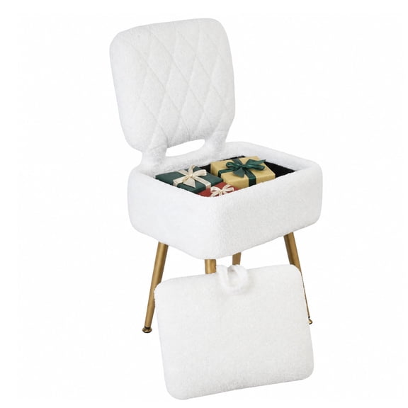 PYY Small Vanity Accent Chair with Hidden Storage - Sherpa Upholstered Seat, Fold-Down Backrest, Gold Metal Legs - Makeup Stool/Ottoman for Bedroom Dressing Table - White