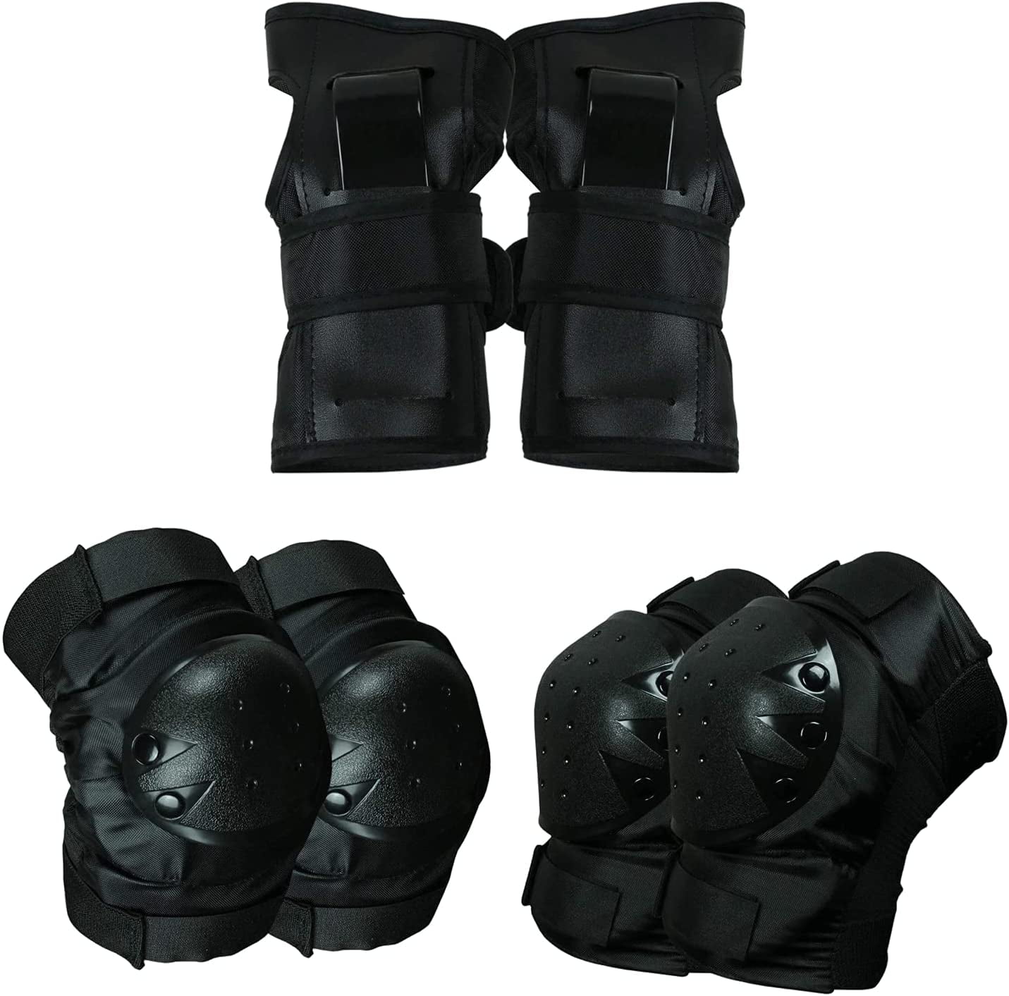 MELLO Matt Black Skateboard Helmet with 6pcs Protection Set Elbow Knee & Wrist Pads