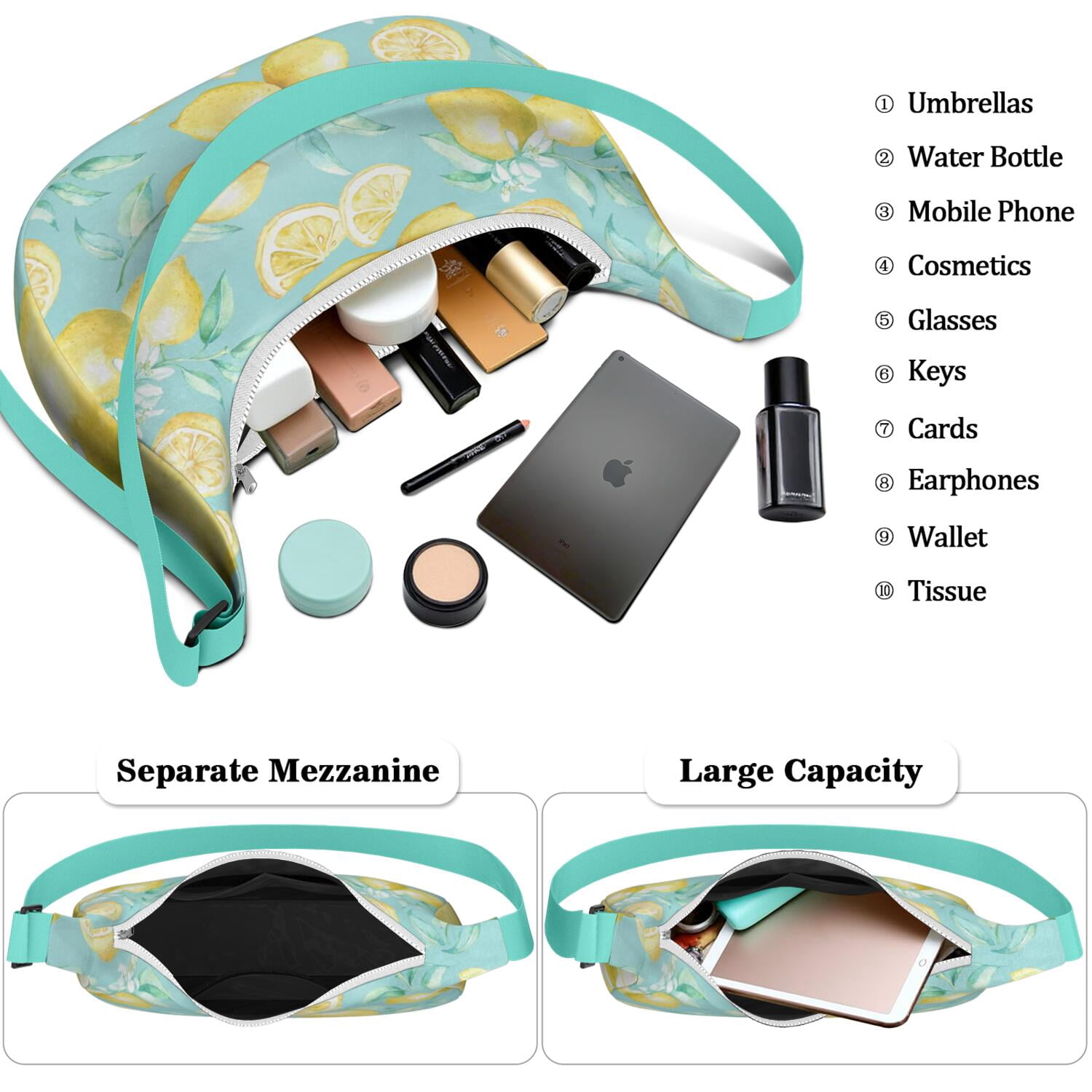 Lemon Lover Shoulder Bag for Women, Yellow Fruit Print Lightweight Crossbody Purse, Modern Summer Hobo Tote, Water-Resistant Nylon Handbag with Spacious Interior