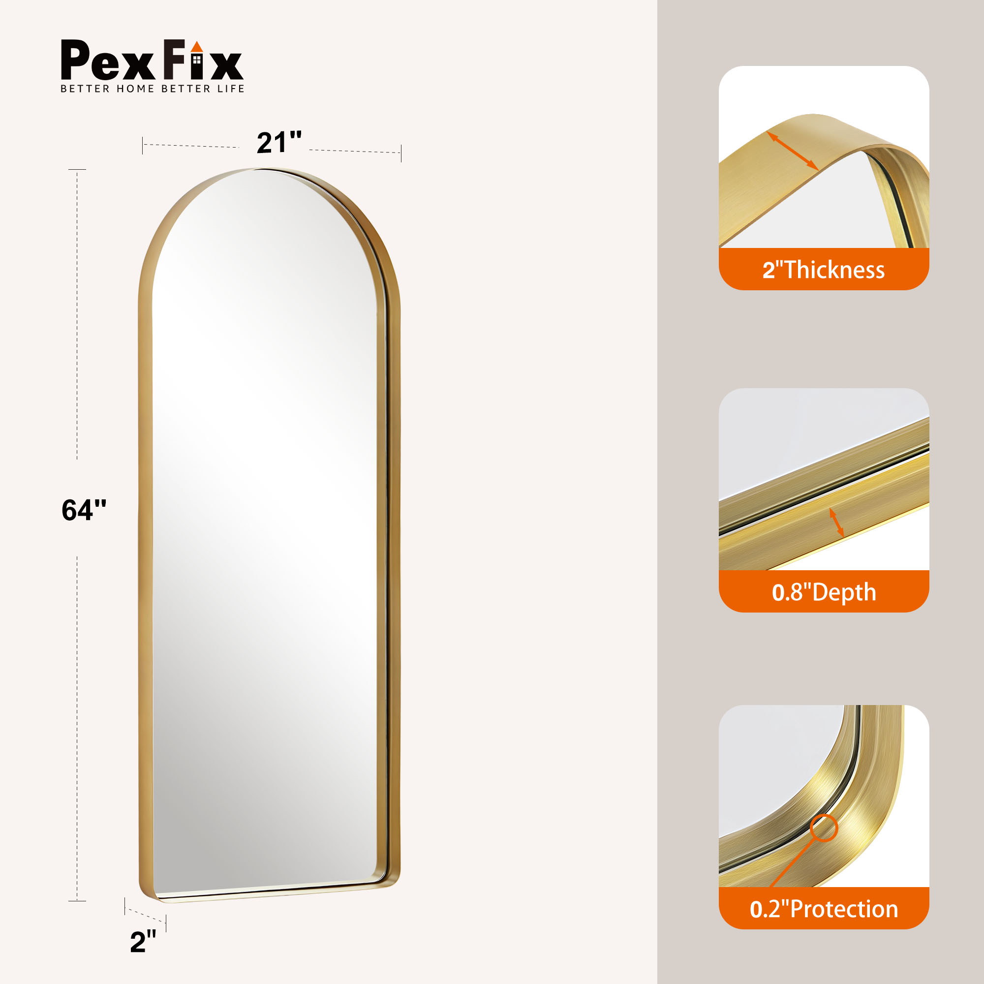 64"x21" Modern Arched Aluminum Frame Wall Mount Full Length Mirror without Bracket,Gold