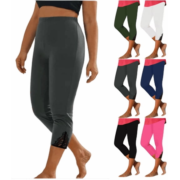 VEKDONE Women's Lace Cropped Leggings High Waisted Tummy Control Yoga Capris Solid Color Slim Fit Workout Capri Pant Casual Outdoor Workout Tights