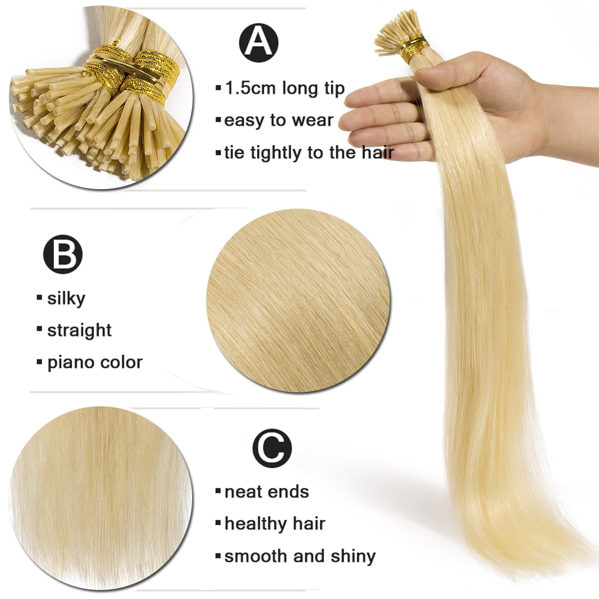 SEGO I Tip Hand-Tied Human Hair Extensions Cold Fusion Off Black 100 Strands Soft Straight Remy Hair Pre Bonded Stick Shoelace Tips
