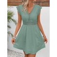thumbnail image 3 of Green Eyelet Lace V-Neck Short Sleeve A-Line Mini Dress, 3 of 6