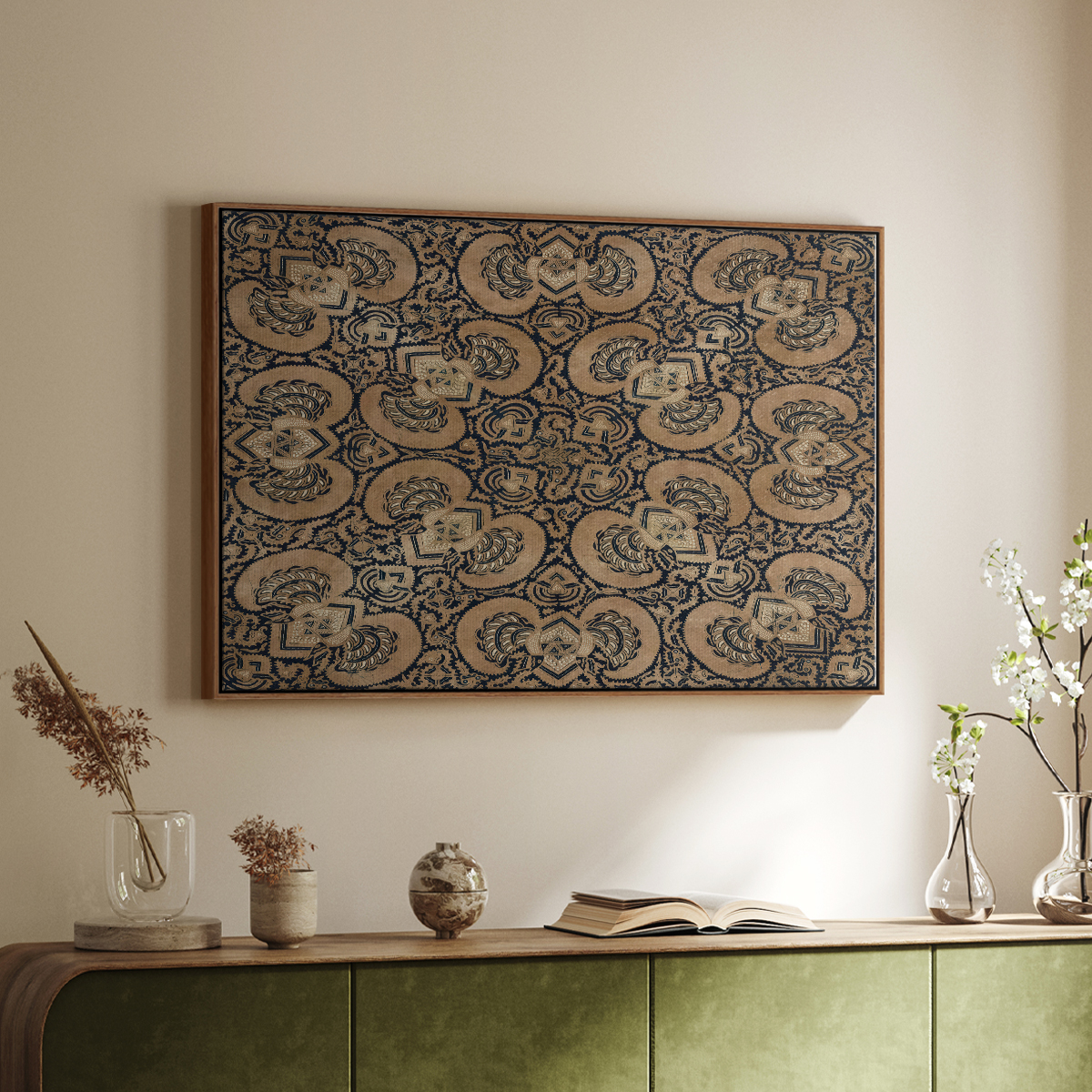 Vintage Abstract Print-III Framed in Walnut Wood Gallery Wrapped Canvas 27 in. x 41 in.