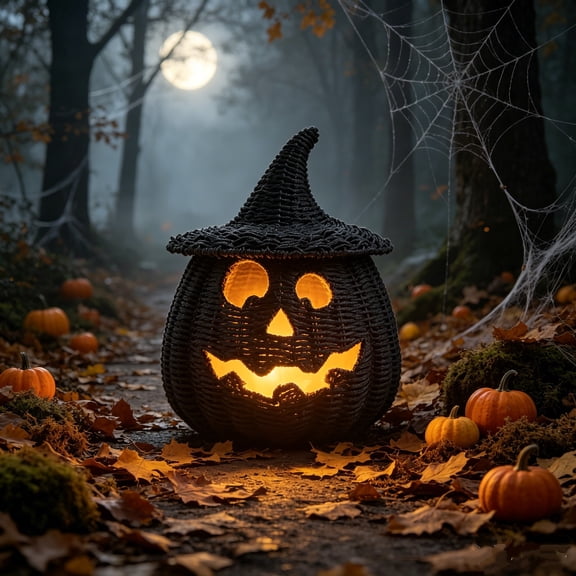 Mskk 11" Black Rattan Pumpkin Handwoven Halloween Decoration, Woven Pumpkin and Witch Hat, Halloween Decor for Indoor/Outdoor Rustic Home Party