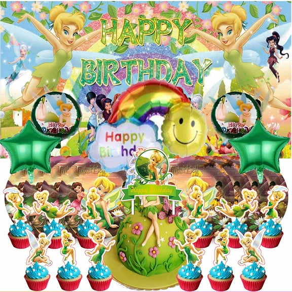Tinker Bell Supplies Plates Decoration Backdrop Banner Birthday Decor Tableware Fans Balloons