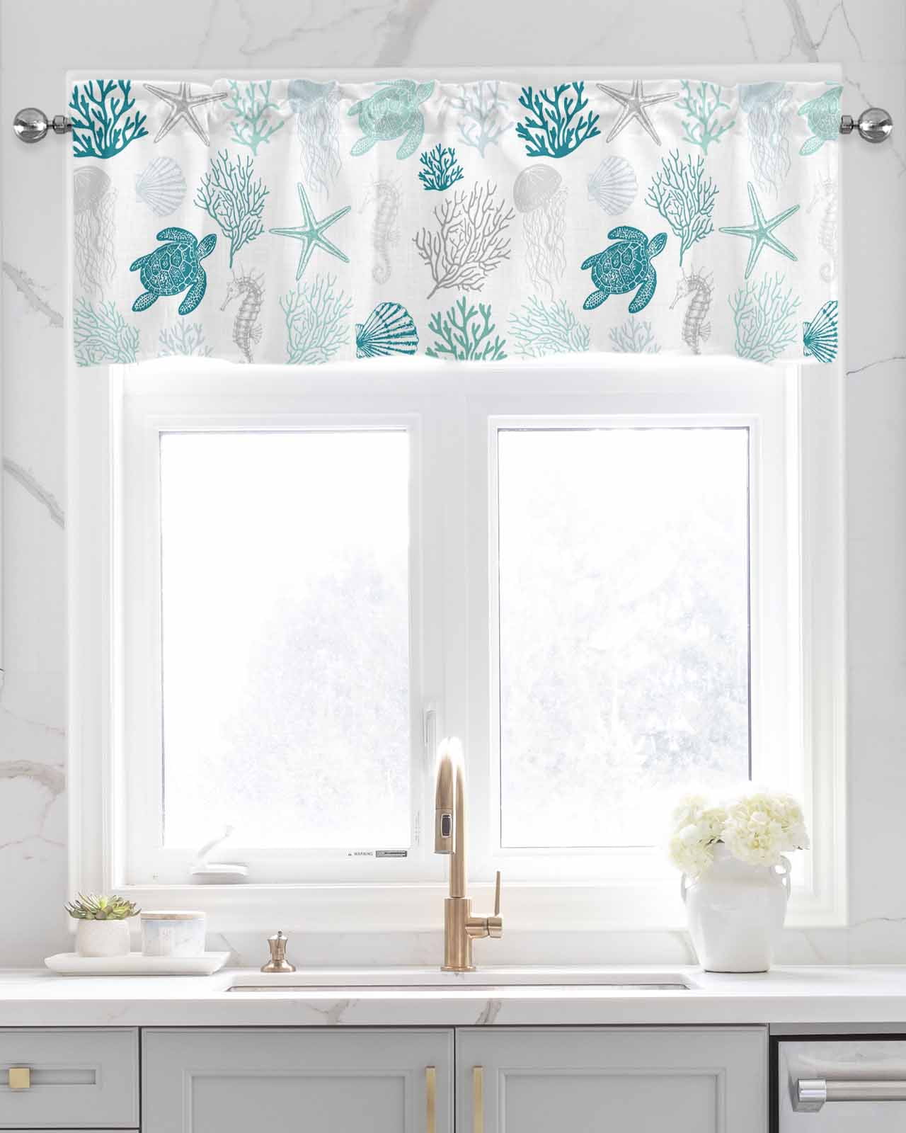 Coastal Turquoise Turtle Linen Curtain Valance for Bedroom/Bathroom/Kitchen/Office/Living/Dining Room Windows,Watercolor Gradient Coral Shell White Pocket Topper Drapes Decorative Cafe Drapery 54x18