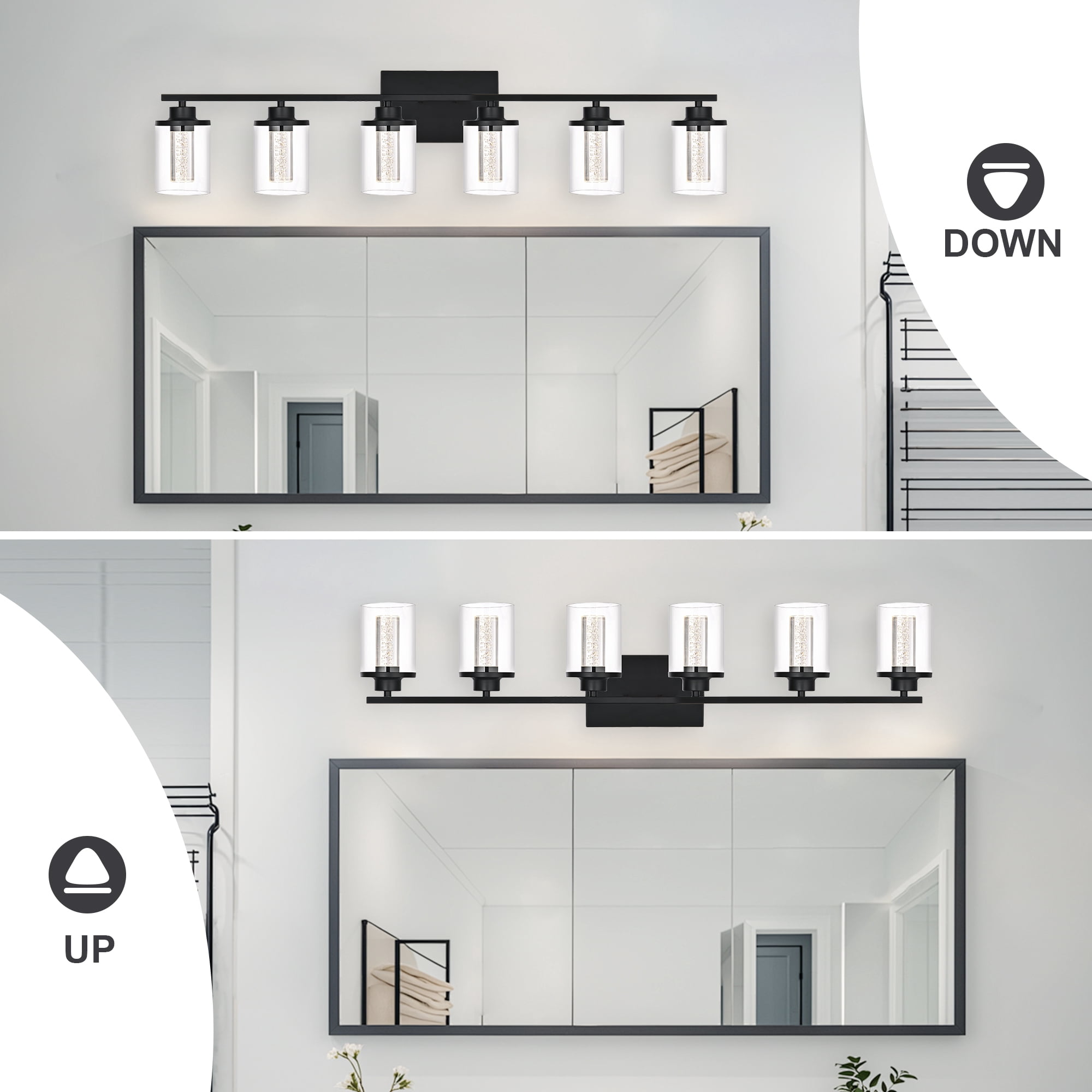 Melucee 5CCT Dimmable LED Black Vanity Lights 6-light, Modern Vanity Lighting Fixtures with Crystal Light Columns and Clear Glass for Bathroom Bedroom