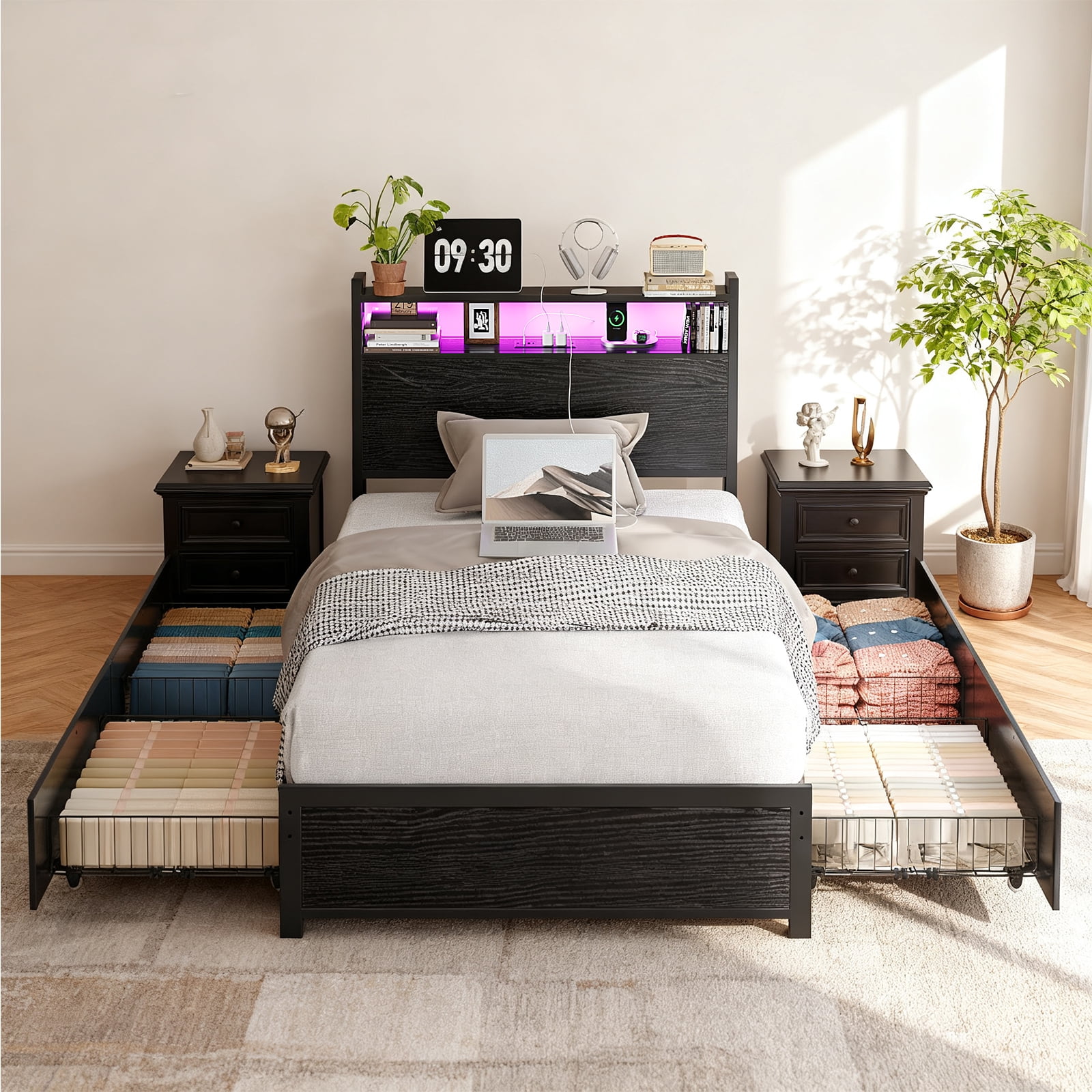 Ktaxon Twin Size Bed Frame with Charging Station & LED Storage Headboard, Metal Platform Bed Frame with 4 Underbed Drawers for bedroom, Gray