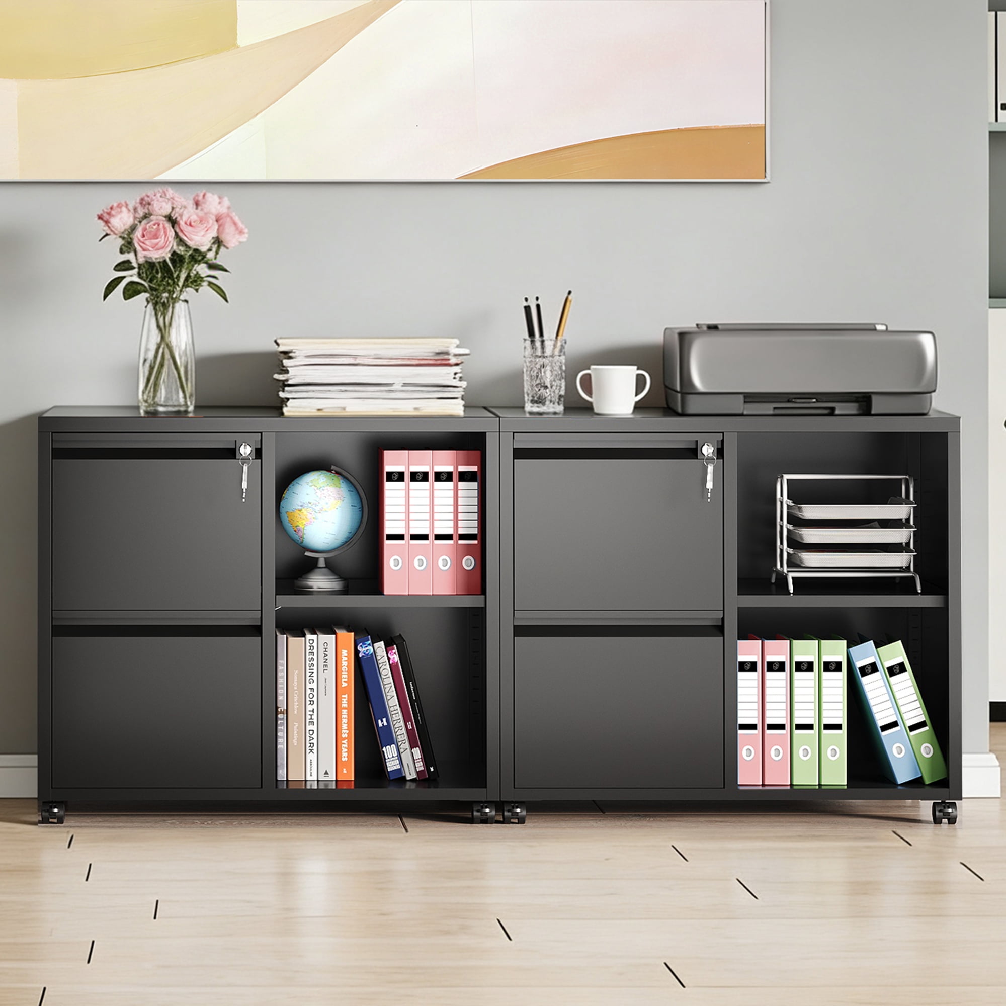 GALAXHERO 2 Drawer File Cabinet with Lock, Metal Filing Cabinet for Home Office, Rolling Printer Stand with Adjustable Shelf, Fit Letter/A4/Legal Size Files, Black