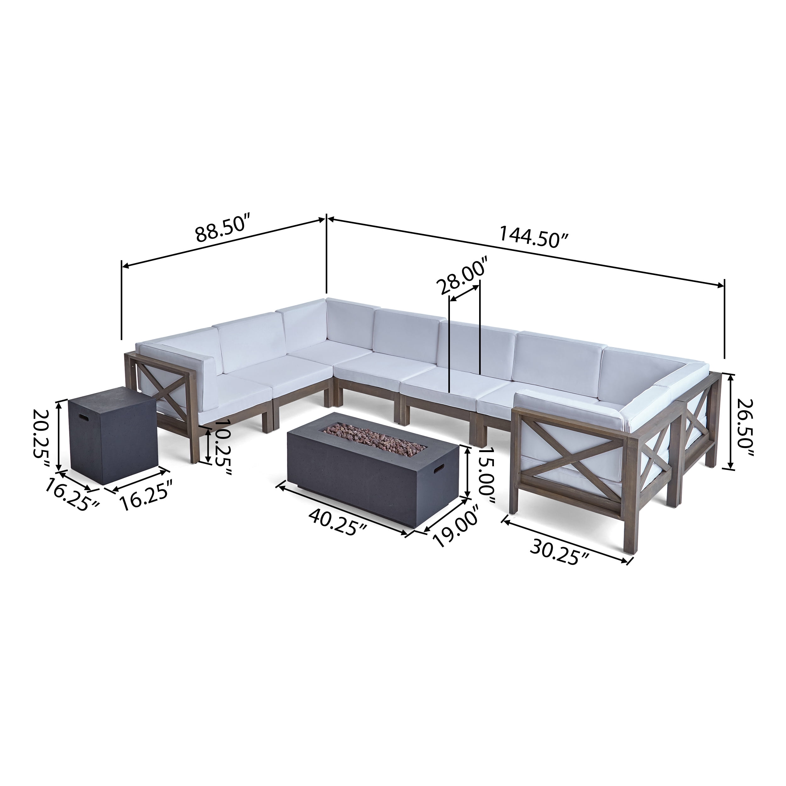 Elisha Outdoor 10 Piece Acacia Wood Sectional Sofa Set with Cushions and Fire Pit, Gray, White, Dark Gray