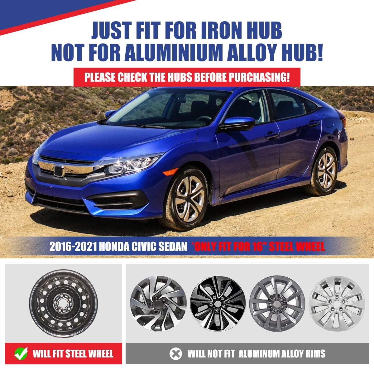 1 Piece 16" Hubcap Wheel Rims Cover For 2016-2018 Honda Civic SEDAN Compatible With Steel Wheels Snap On Installation ABS+PC Material(16-Inch,Silver Lacquer & Black Lacquer)