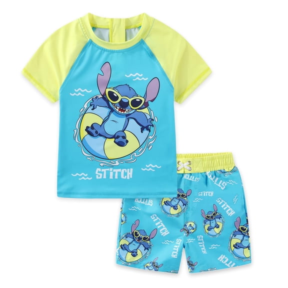Disney Lilo & Stitch UPF 50  Short Sleeve Rash Guard Shirt and Swim Trunks Shorts Swimwear Set (Boys), 2 Piece Set, Sizes 4-10