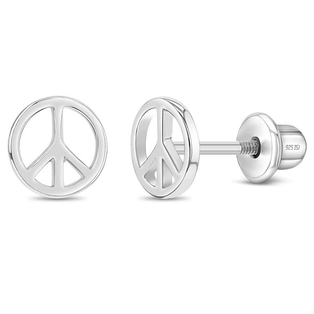 Boucles d'Oreilles pour Enfants / Enfants / Filles à Vis avec Signe de Paix Rétro - Argent Sterling