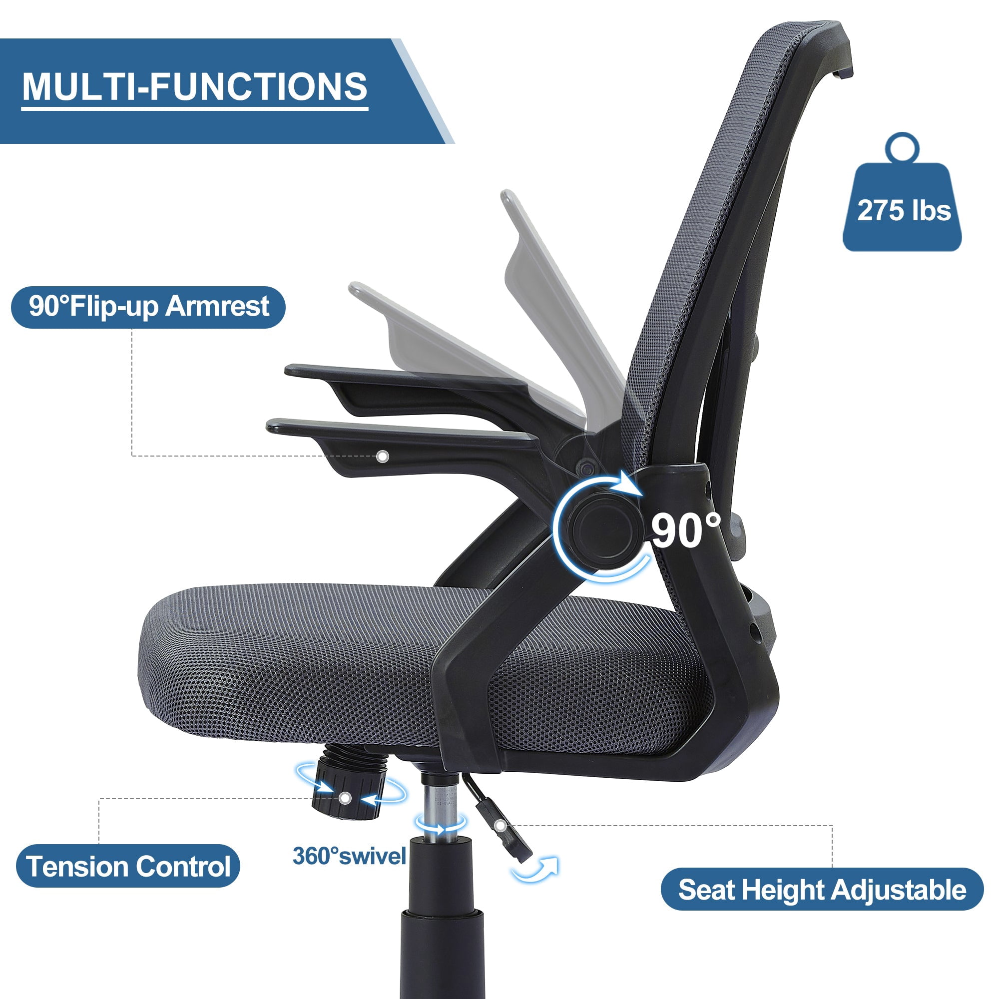 Javlergo Office Chair, Ergonomic Desk Chair Breathable Mesh Chair with Adjustable High Back Lumbar Support Flip-up Armrests, Executive Rolling Swivel Comfy Task Computer Chair, Gray