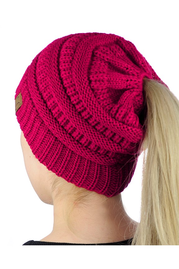 C.C BeanieTail Soft Stretch Cable Knit Messy High Bun Ponytail Beanie Hat, Hot Pink