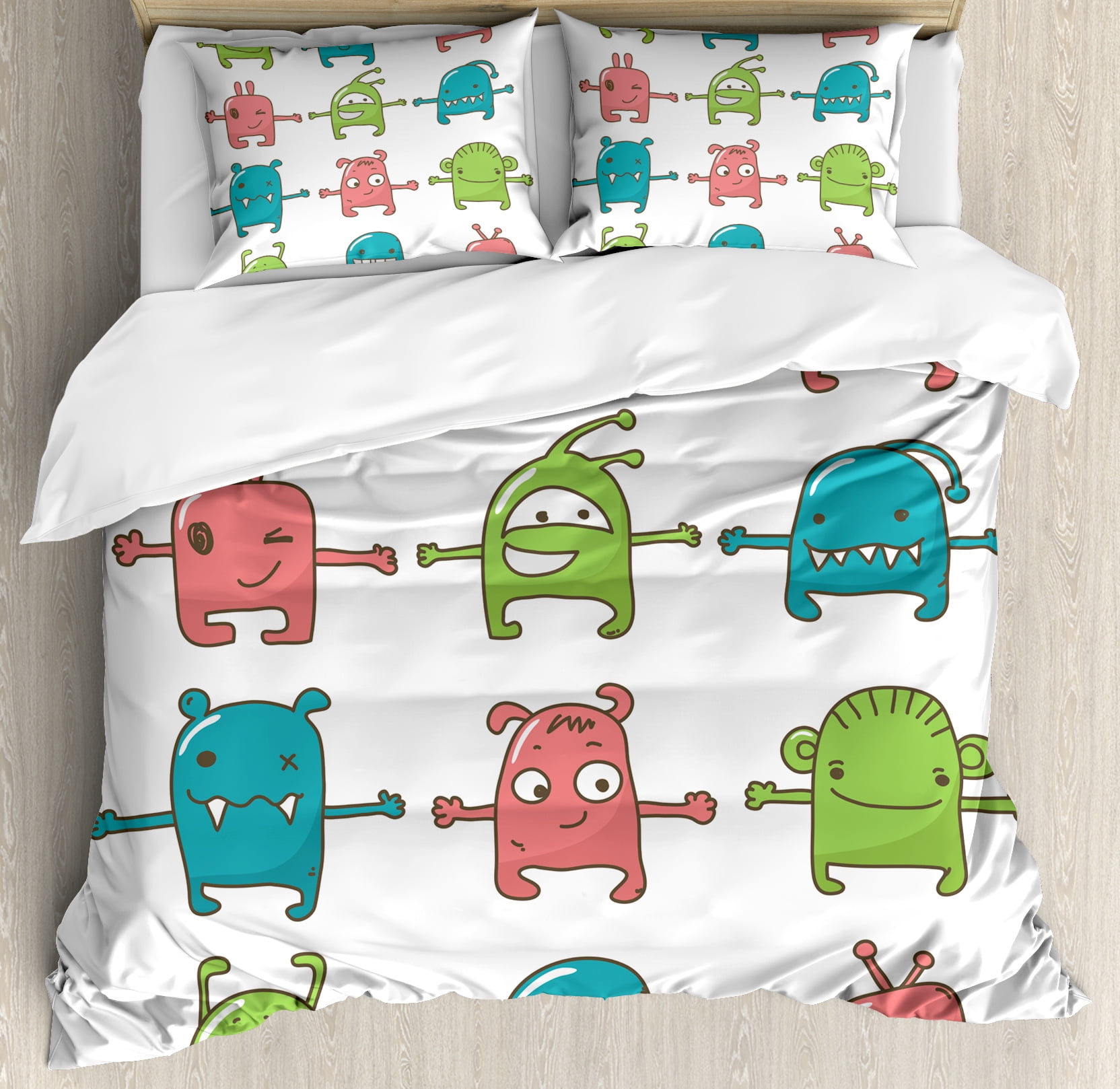 Doodle King Size Duvet Cover Set Twelve Monsters Side By Cute Beasts Children Drawing Adorable Design Print Decorative 3 Piece Bedding With