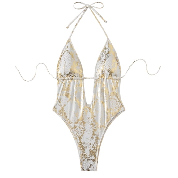 MOJOGO Women's One-Piece Swimsuit Sequin Halter Swimwear Cutout Bathing Suit Trendy Vacation Outfits L