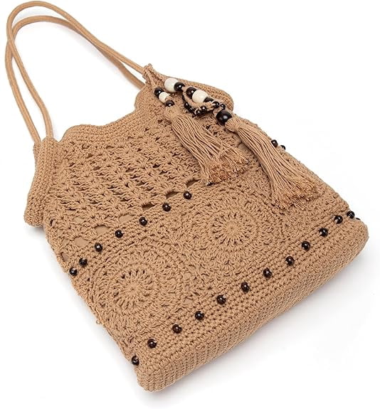 Crochet Hobo Bag for Women Boho Woven Tote Bag Summer Vacation Beach Handbags Bohemian Shoulder Purse with Tassels
