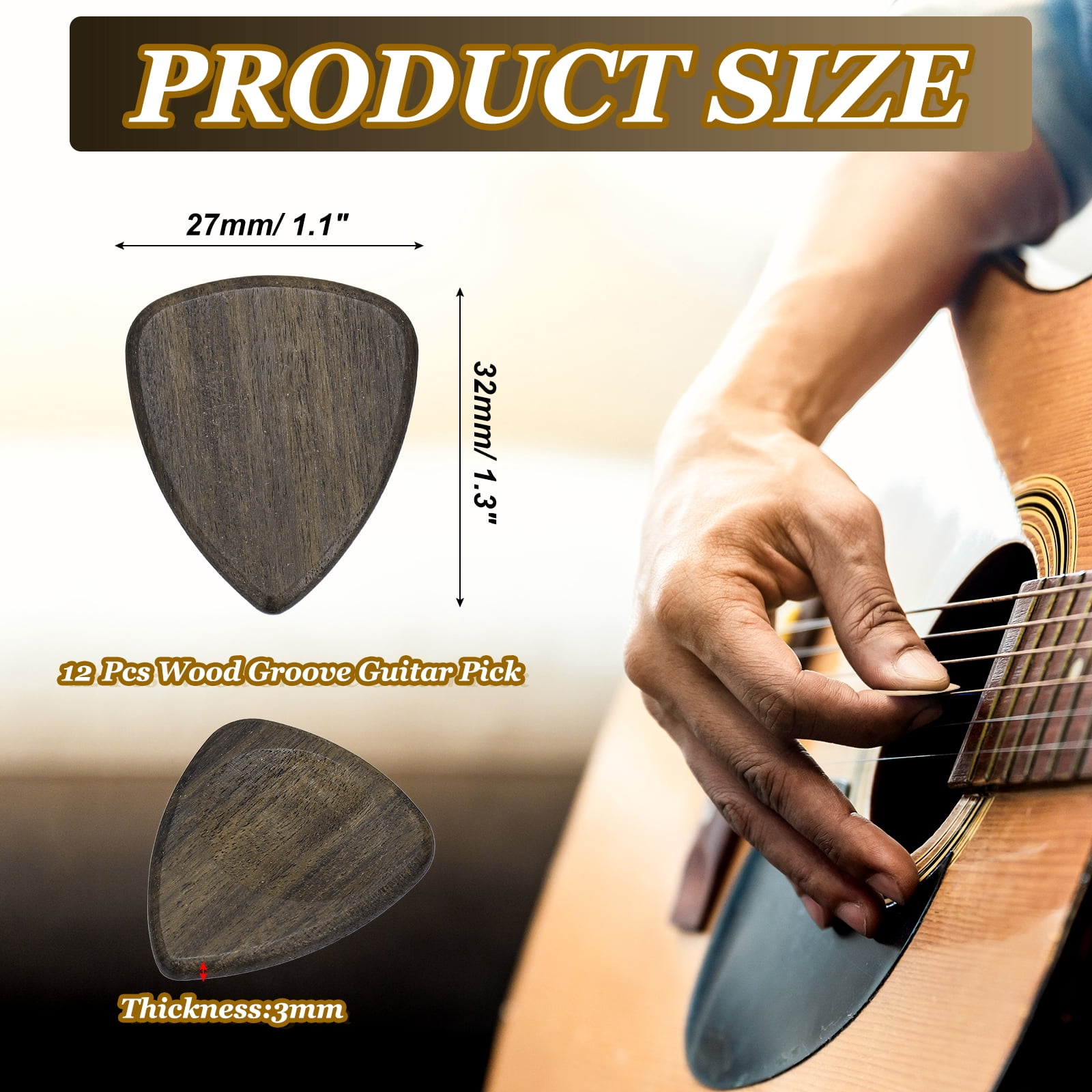 Uxcell 12 Pcs Wood Guitar Pick, 3.0mm Ultra Heavy Gauge Wood Groove Shape Guitar Picks for Electric and Acoustic Guitars, Black