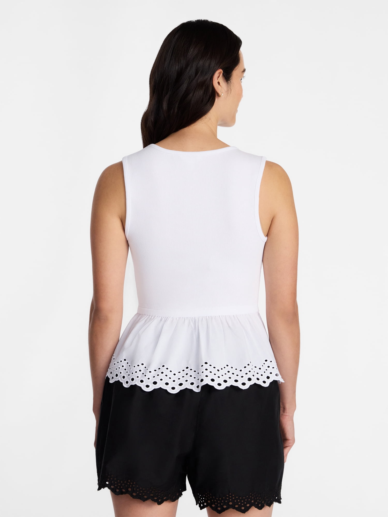 Time and Tru Women's Eyelet Trim Tank Top with Peplum Hem, Sizes XS-XXXL