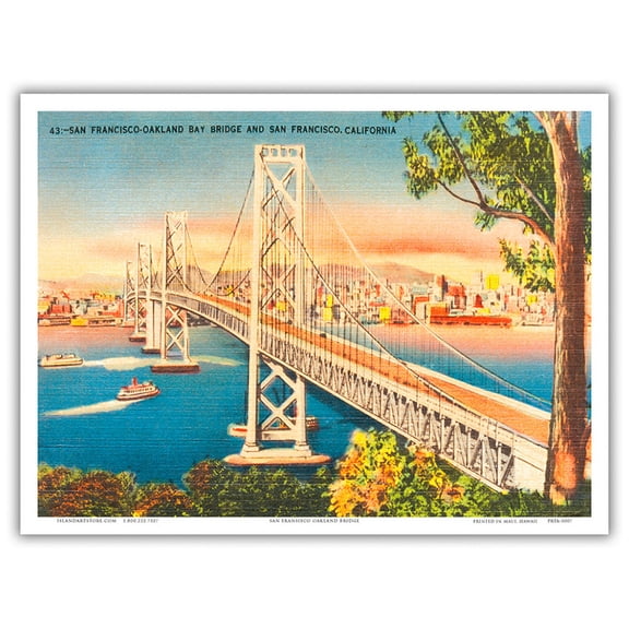 San Francisco California - Oakland Bay Bridge - Vintage Hand Colored Postcard c.1930s - Master Art Print (Unframed) 9in x 12in