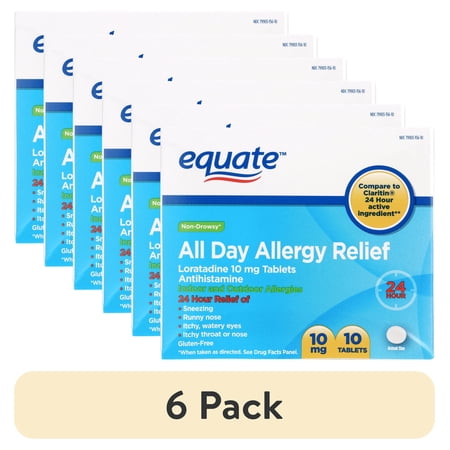 (6 pack) Equate Non-Drowsy All Day Allergy Relief Loratadine 10 mg Tablets Antihistamine, 10 Count, Compare to ClaritinÂ® 24 Hour Active Ingredient