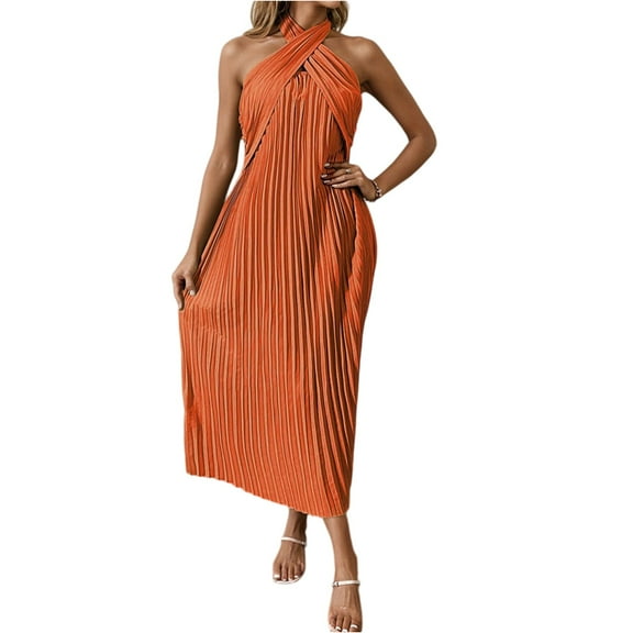 2025 New Women's Linen Striped Solid Color Sleeveless Halter Neck Maxi Dresses Summer Backless Vacation Pleated Dress With Pocket
