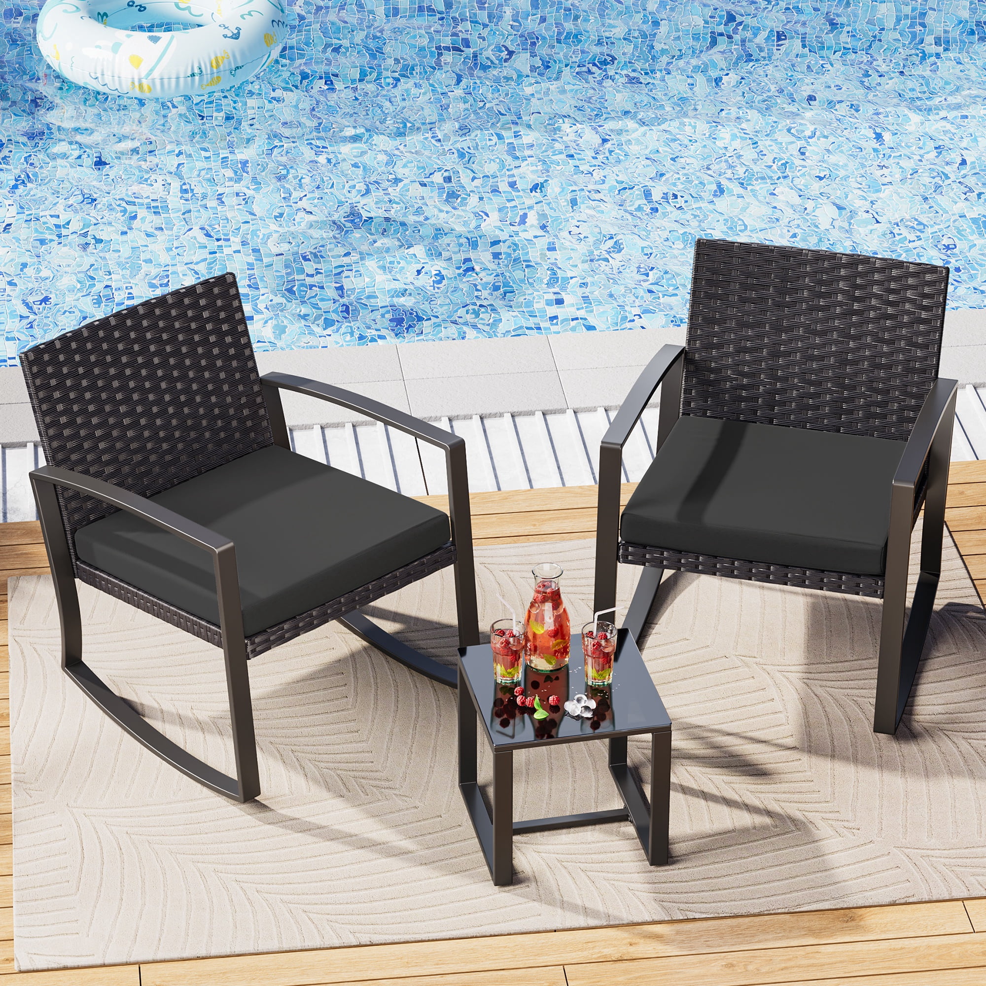 Noelse 3 Piece Wicker Rocking Chair Set, Outdoor Patio Furniture with Table and Cushions for Balcony, Black