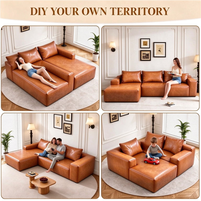 Aukfa 96" Brown Leather Cloud Sectional Sofa, L-Shaped photo 3