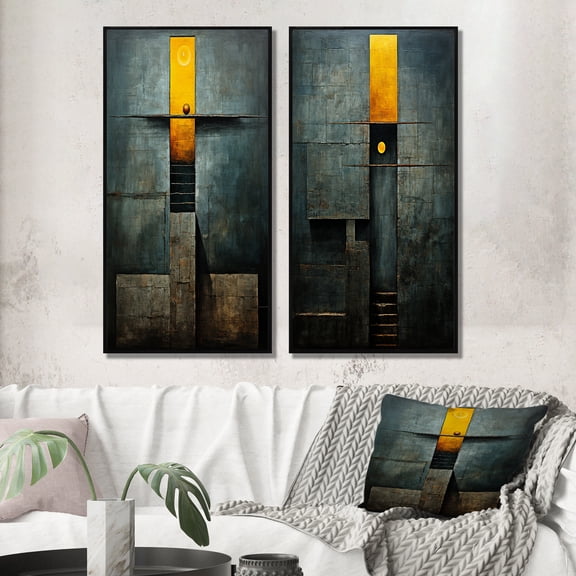 Designart "Indigo Stairway Minimal Grace III" Modern Geometric Framed Wall Art Set Of 2 - Modern Gold Frame Gallery Set For Office Decor