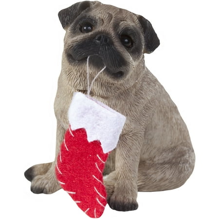 Pug Christmas Ornament - Sandicast Sitting Fawn Pug with Stocking Christmas Dog Ornament