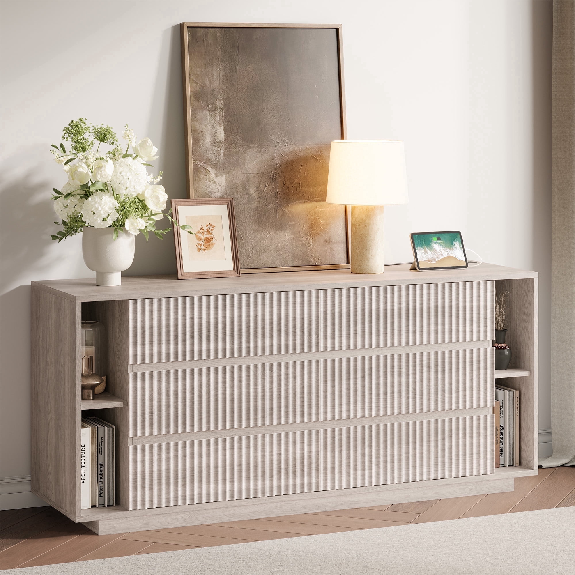 Fluted 6 Drawer Dresser with Shelves, 63'' Wide Bedroom Chest of Drawers, White Alder