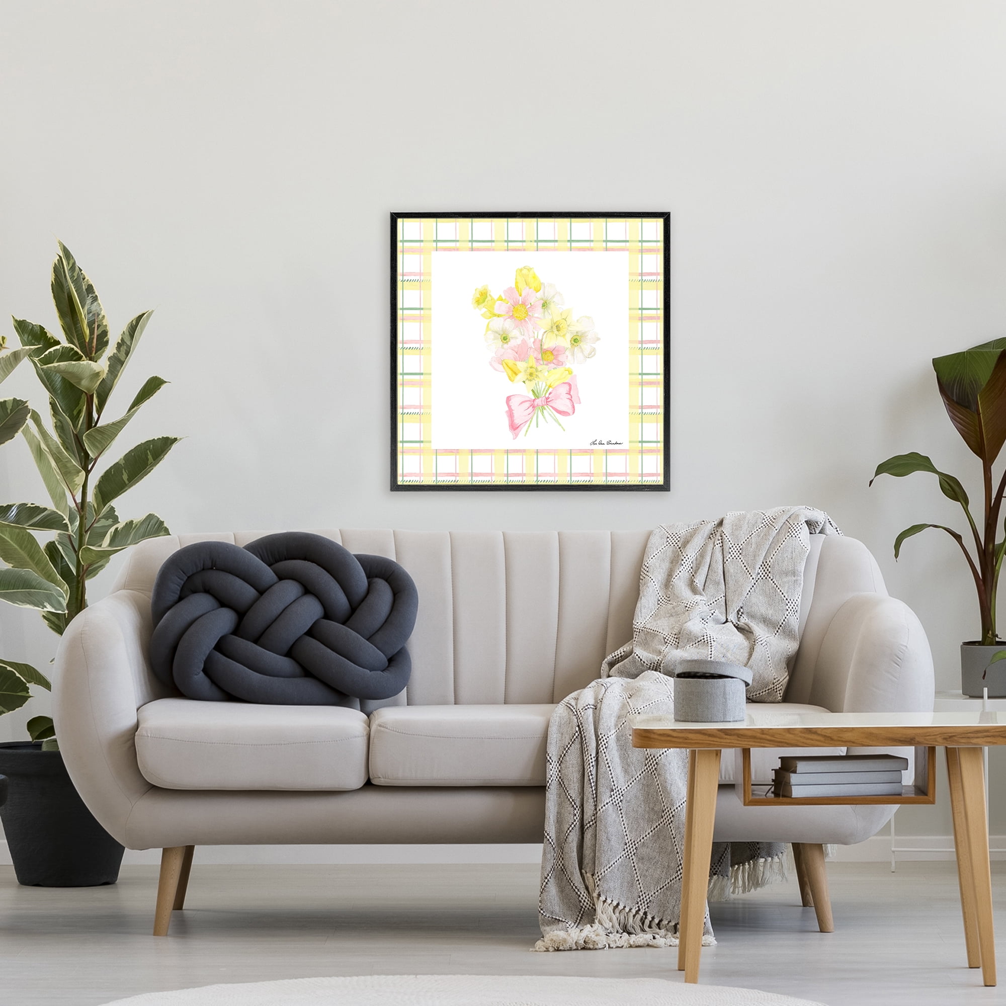 Spring Daffodils on Plaid Black Framed Giclee Art, design by Lee Ann Sanders
