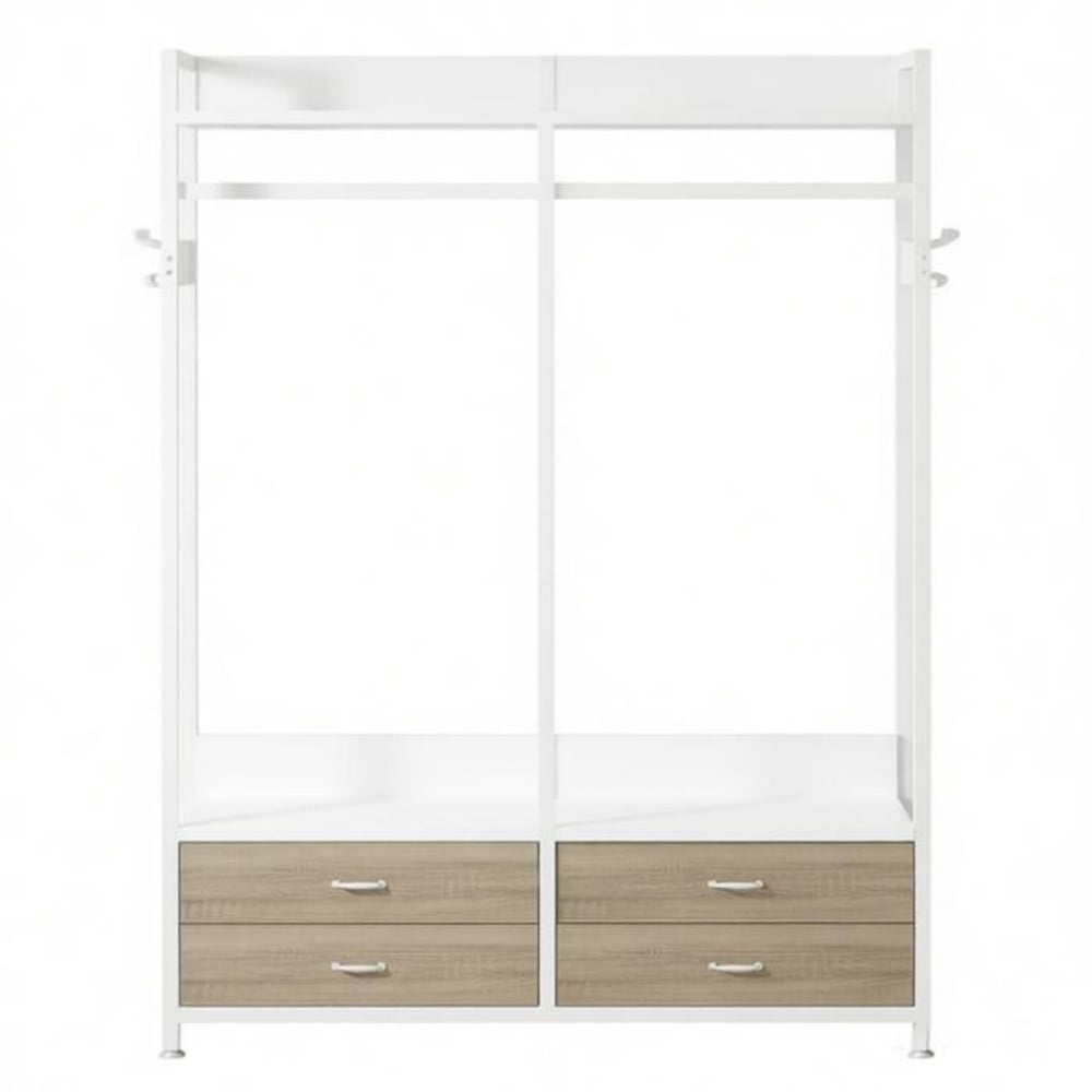 Freestanding Open Wardrobe with 47" Clothing Rod, 4 Drawers & 8 Hooks, Industrial Metal Frame Closet Organizer with Anti-Tip Straps for Bedroom