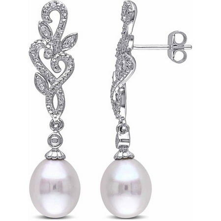 Miabella 8.5-9mm White Rice Cultured Freshwater Pearl and Diamond Accent Sterling Silver Dangle Earrings