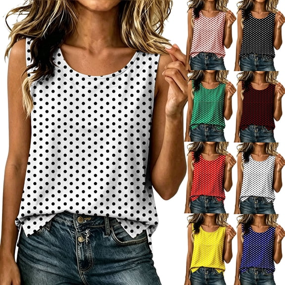 Wiyuqeen Loose Tank Tops for Women Polka Dot Sleeveless Shirts Crew Neck Summer Casual Vacation Lightweight Tees White XL