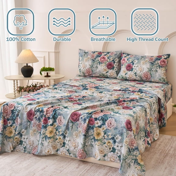 Blue Floral Bed Sheets Set  Cotton Percale Queen Size Shabby Vintage Chic Peony Patterned Soft Breathable Cottagecore Deep Pocket Fitted Sheet 4 Pcs