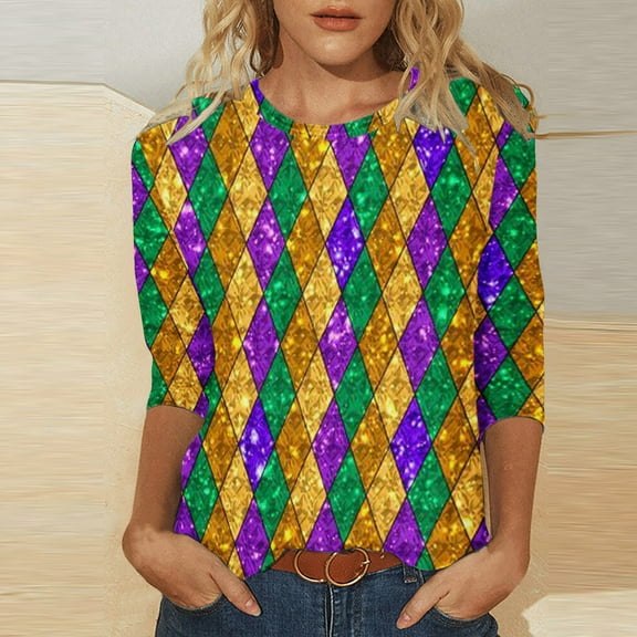 Aloohaidyvio Mardi Gras Shirts Long Sleeve,Womens Mardi Gras Mask Glitter Printed T-Shirt Round Neck Seven Sleeve Top Sweatshirt,Mardi Gras Clothing Women