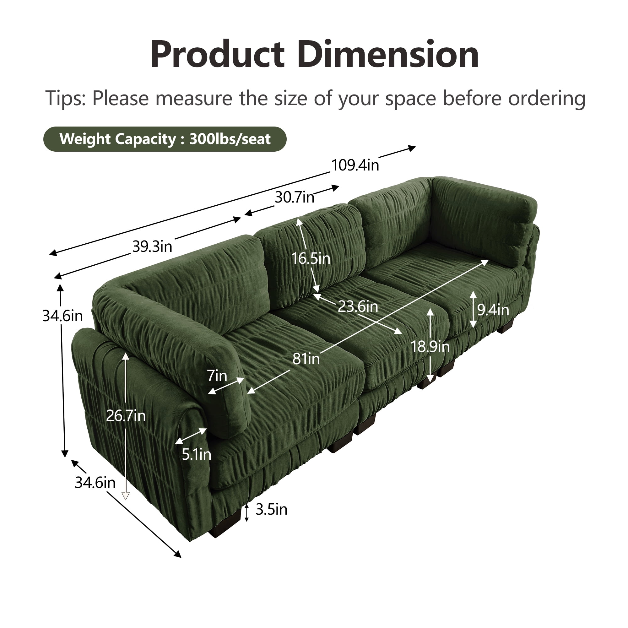 109" 3 Seat Ruched Chenille Modular Sectional Sofa with L Shape Thickened Back Cushions,Easy Assembly