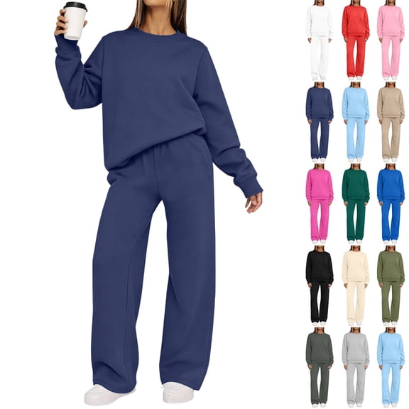 Sentuca Sweatsuits for Women, Crewneck Sweatshirt Baggy Pants Fall Track 2 Piece Lounge Outfits Navy XXL