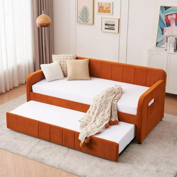 Twin Size Daybed Velvet Upholstered Tufted Sofa Bed with Pop Up Trundle, Armrests, Pocket, USB, Modern Day Bed Frame with Wooden Salts, Box Spring Required, for Living Room, Bedroom, Orange