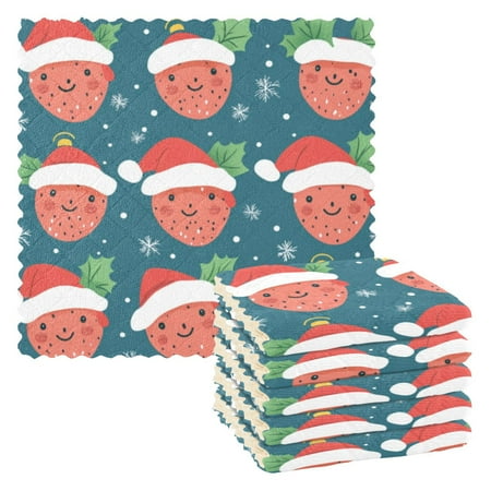 

6 Pieces of Kitchen Towels 11x11Inch Kitchen Dish Cloths Kitchen Dish Towels Reuseable Cleaning Cloths Santa Hat Strawberry