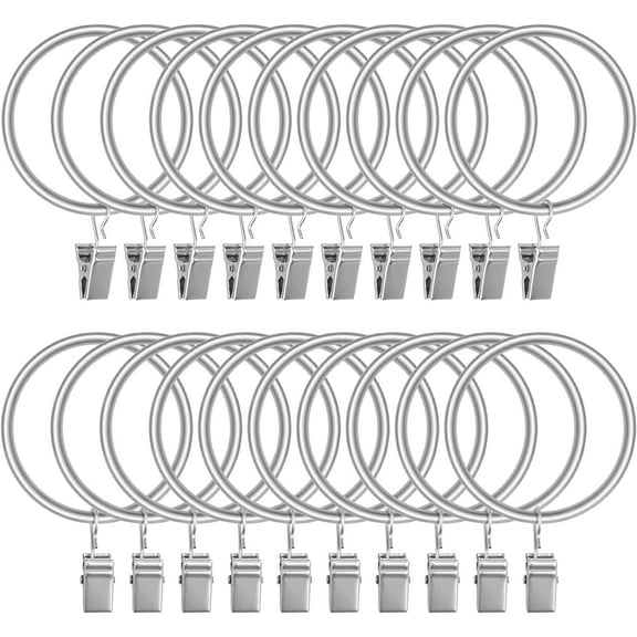 20pcs Matte Silver Curtain Rings with Clips, 1.5 Inch Drapery Rings, Rustproof Stainless Steel Metal, Decorative Curtain Rod Window