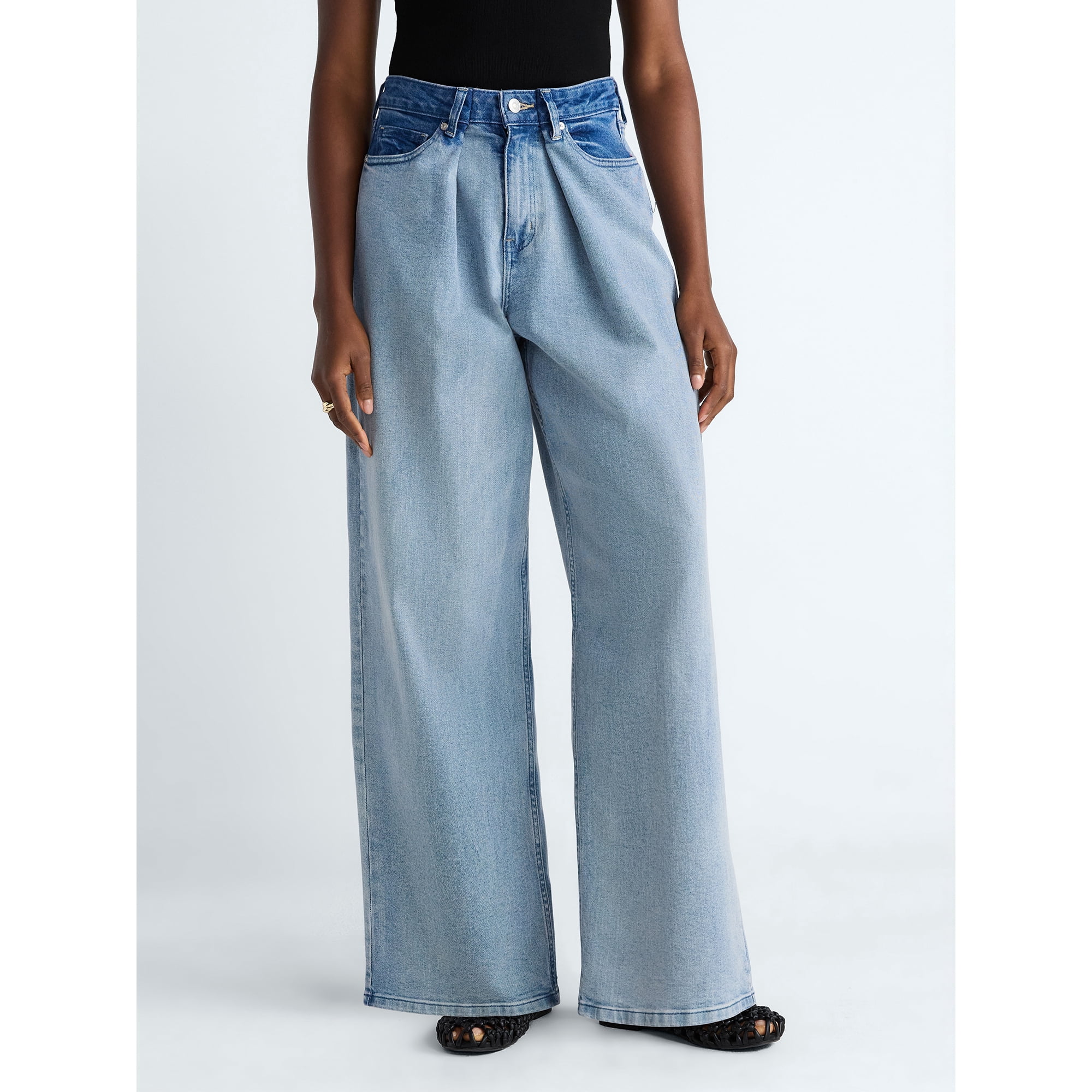 Scoop Women's and Women's Plus Mid-Rise Colorblock Wide Leg Jeans, Sizes 0-26W