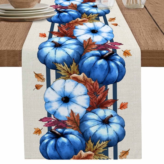 nqOlkjepod Navy Blue Pumpkins Fall Table Runner 72 Inches Long Farmhouse Dress Scarves, Thanksgiving Botanical Beige Dining Tablerunner for Coffee Table/Kitchen Island/Party Décor, 13" x 72"