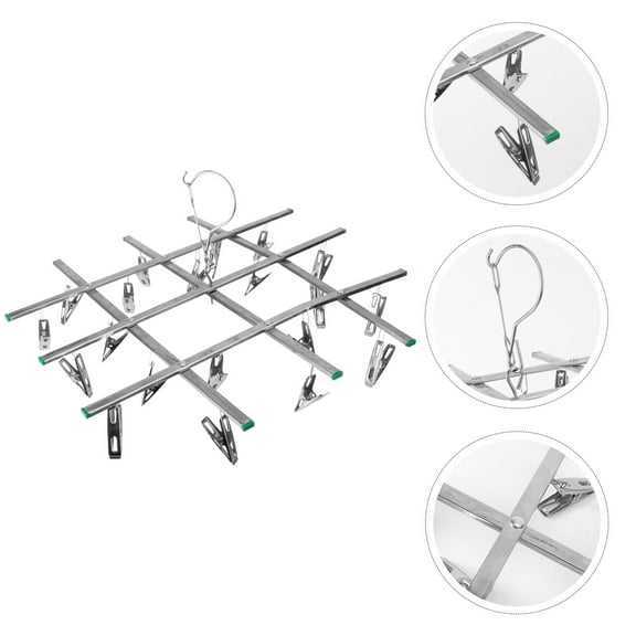 Masteelf Sturdy Stainless Steel Folding Drying Rack with 20 Clips for Socks and Small Clothes Silver