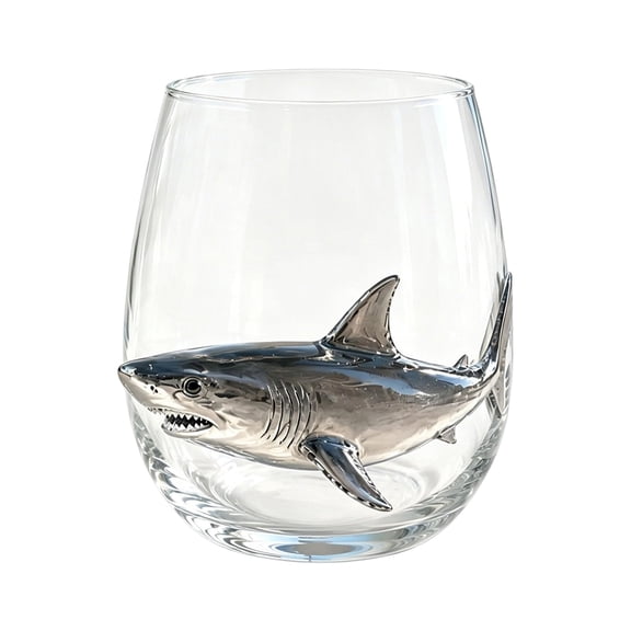 3D Shark Stemless Glasses, Artisanal Blue Ringed Shark Glassware, Handcrafted Marine Animal Bar Glass