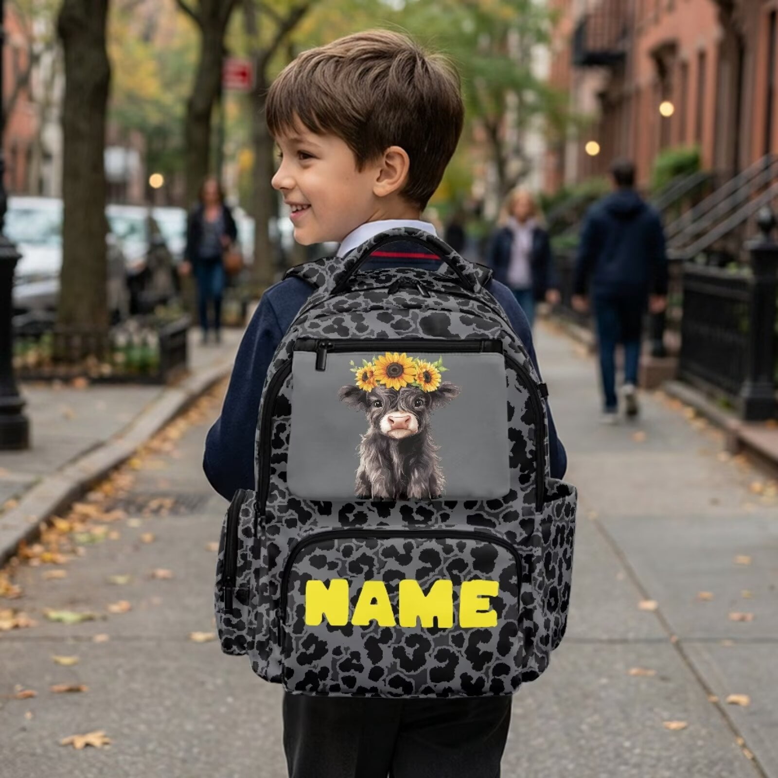 Chririnla Highland Cow Sunflower,Custom Name Print 17 Inch Backpack for Girls Boys Casual Laptop Bags Large Capacity Bookbag for Primary, Middle High Senior School